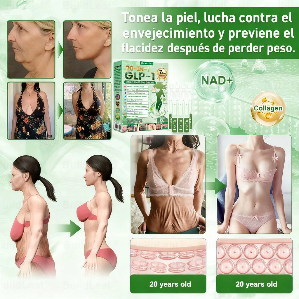 Cleansing® GLP-1 20 en 1 Suplemento Adelgazante (Resultados Visibles en 7 Días) ayuda a mejorar la obesidad, la salud cardiovascular, la diabetes, la salud intestinal, los problemas articulares, una piel más firme y un aumento de energía.